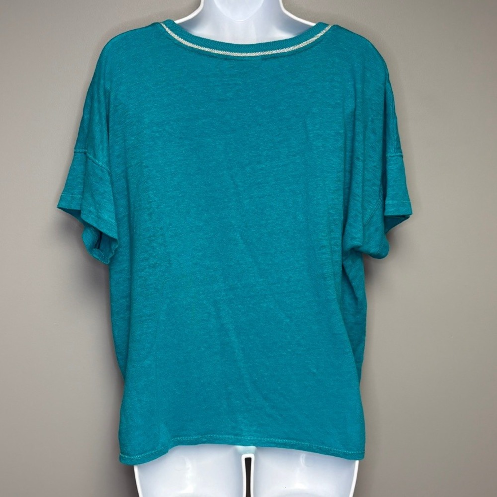 Chico's 100% Linen Oversized Beachy Resortwear Turquoise Metallic Trim Top Sz XL - Picture 2 of 4